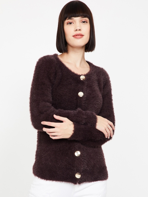 CODE by Lifestyle Women Brown Solid Fuzzy Cardigan Sweater