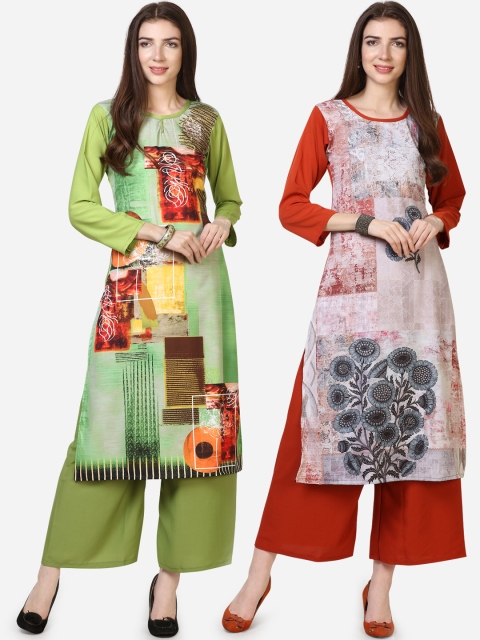Silk Bazar Women Pack of 2 Printed Straight Kurtas, Green