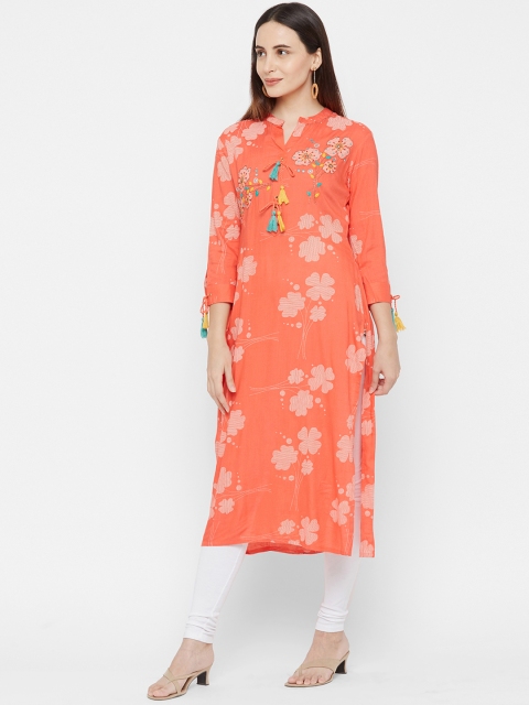 FASHOR Women Orange Floral Print Straight Kurta