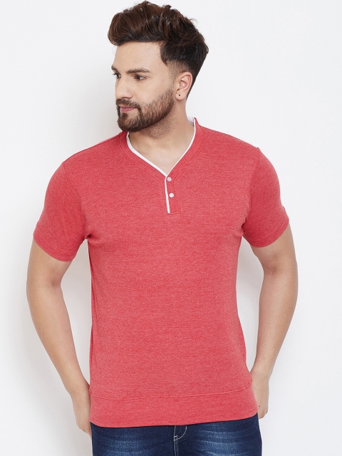 wesquare Men Red Solid Henley-Neck Cotton T-shirt
