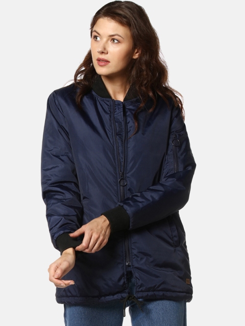 Campus Sutra Women Blue Solid Windcheater Padded Jacket