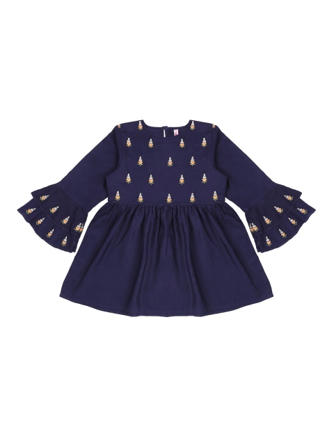 Ishin DESIGNER STUDIO Girls Navy Blue Embroidered Top