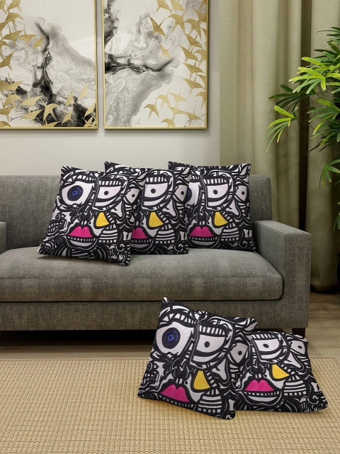 KLOTTHE Set Of 5 White & Black Printed Square Cushions