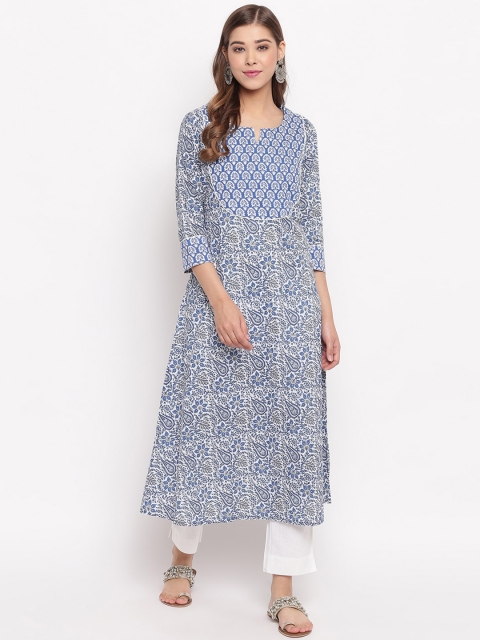 Vbuyz Women White & Blue Printed A-Line Kurta
