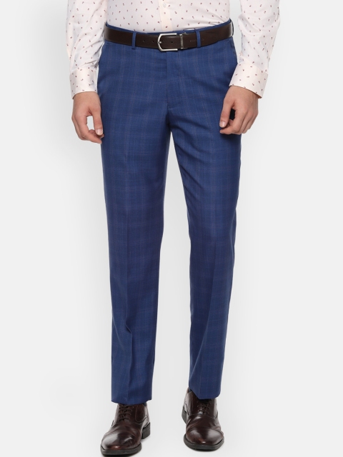 Luxure by Louis Philippe Men Blue Regular Fit Checked Formal Trousers
