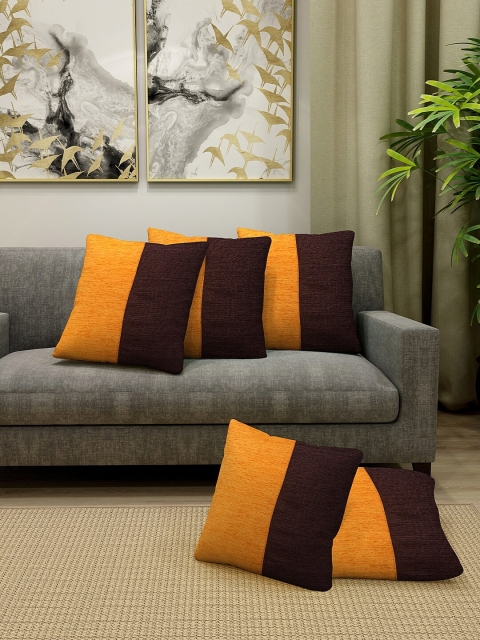 KLOTTHE Set Of 5 Brown & Orange Colourblocked Square Cushions