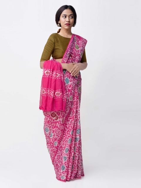 Unnati Silks Pink Pure Batik Kota Cotton Saree with Batik Prints