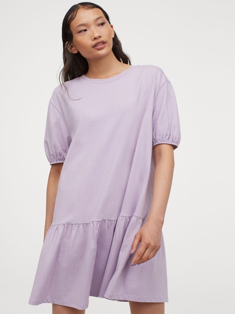H&M Women Purple Solid Puff-Sleeved Jersey Dress