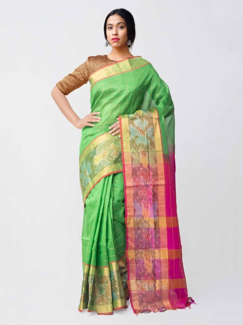 Unnati Silks Green & Pink Silk Cotton Woven Design Handloom Kanjeevaram Saree