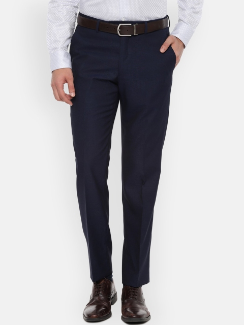 Luxure by Louis Philippe Men Navy Blue Regular Fit Self Design Formal Trousers