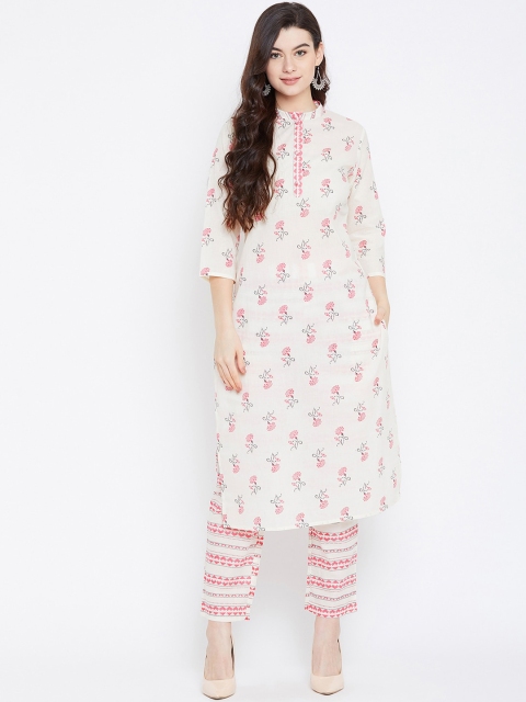Prakhya Women White & Pink Printed Kurta with Trousers