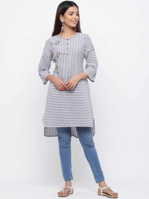 Jaipur Kurti Women Grey & White Striped Straight Kurta