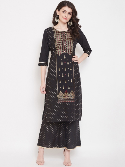 Prakhya Women Black & Gold-Toned Printed Kurta with Palazzos