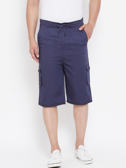 Hypernation Men Navy Blue Solid Regular Fit Cargo Shorts