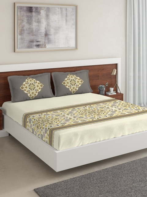 DDecor Yellow & Grey Floral 140 TC Cotton 1 King Bedsheet with 2 Pillow Covers