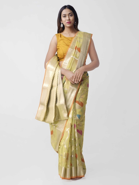 Unnati Silks Green Silk Cotton Woven Design Banarasi Saree