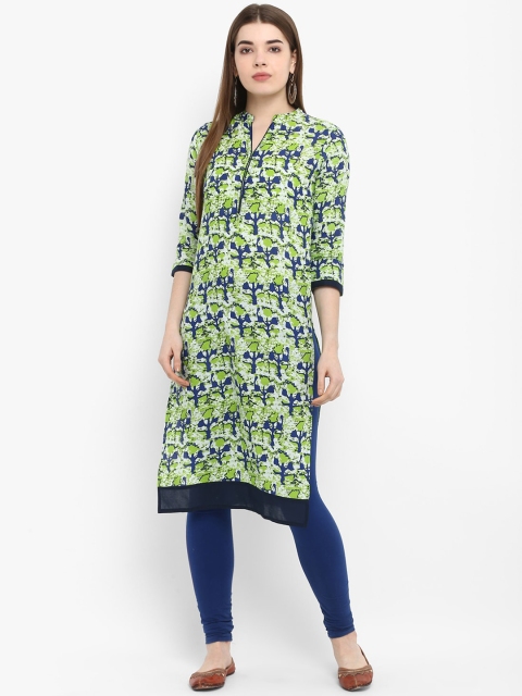 Aprique FAB Women Green & Blue Printed Straight Kurta