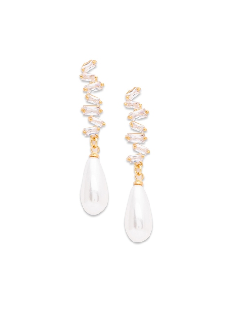 Globus White Gold-Plated CZ Studded Handcrafted Contemporary Drop Earrings