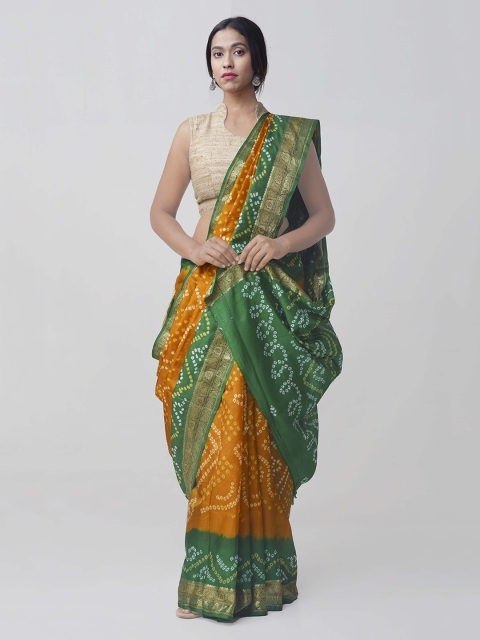 Unnati Silks Green & Mustard Yellow Pure Silk Dyed Bandhani Saree