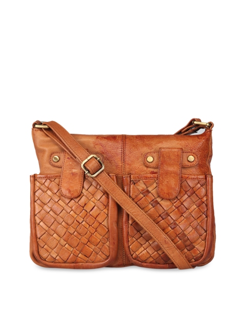 GENWAYNE Tan Bornw Leather Self Design Sling Bag