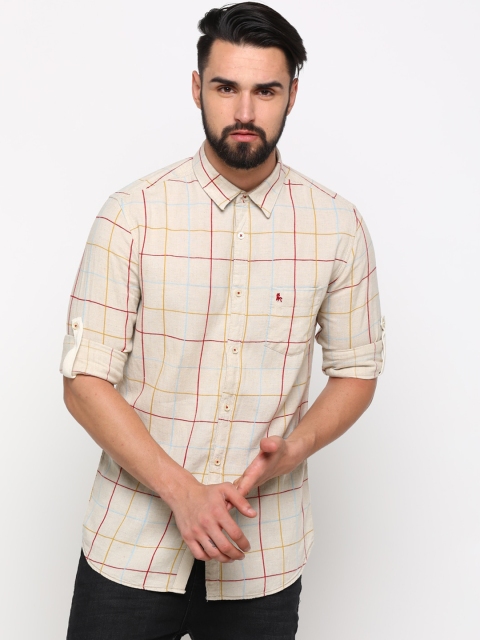 WITH Men Beige Slim Fit Checked Casual Shirt
