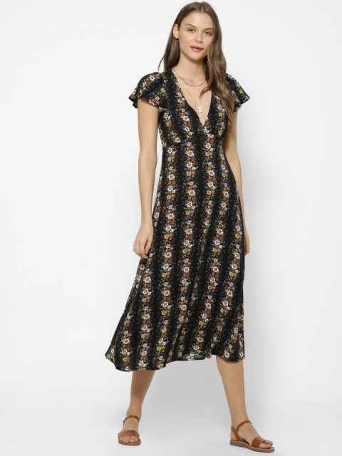 FOREVER 21 Women Black & Brown Floral Printed Fit and Flare Dress