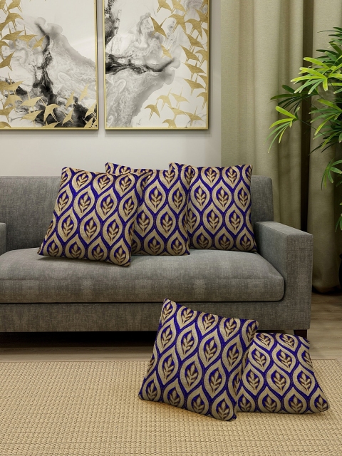 KLOTTHE Set Of 5 Blue & Gold-Coloured Embroidered Square Cushions