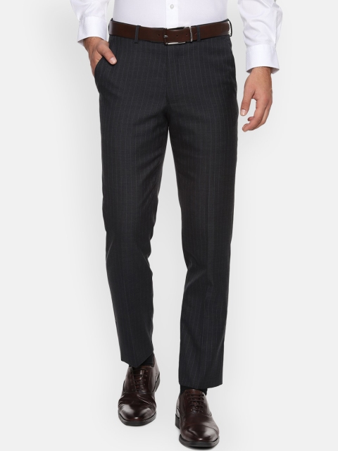 Luxure by Louis Philippe Men Black Regular Fit Striped Formal Trousers