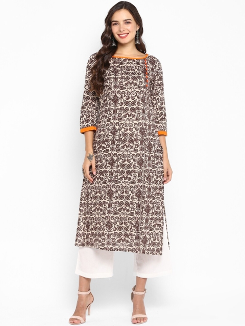 Aprique FAB Women Brown & Off-White Printed Straight Kurta