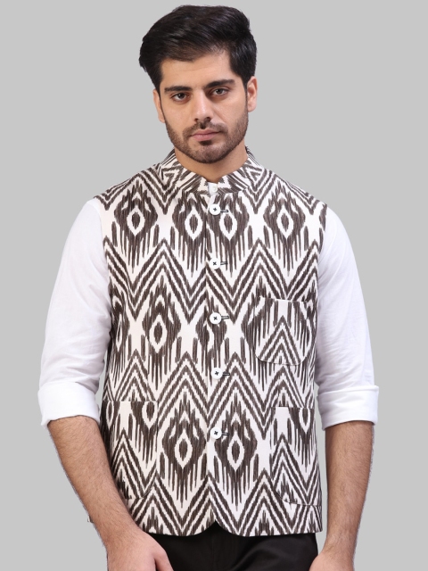 Raymond The Story Re-Spun Men Brown & White Printed Woven Nehru Jacket