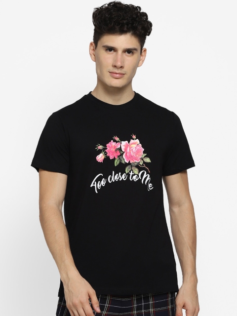 FOREVER 21 Men Black Floral Printed Round Neck T-shirt