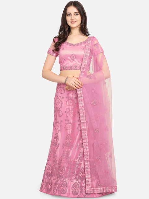 VRSALES Women Pink Embroidered Semi-Stitched Lehenga & Blouse with Dupatta