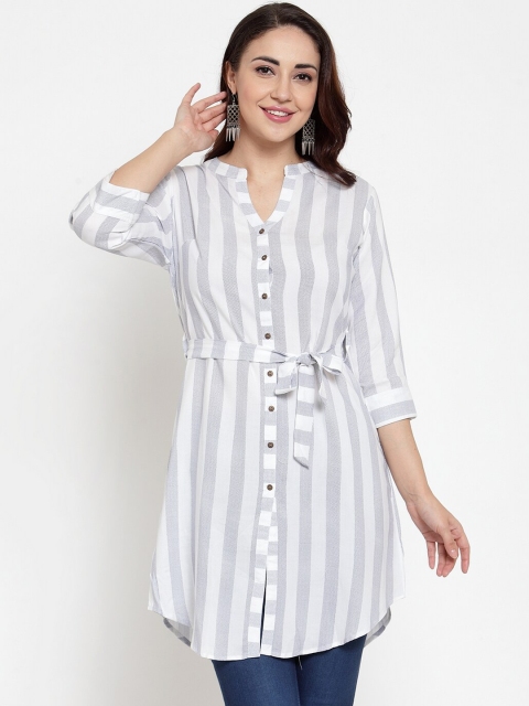 Baani Creations Women White & Navy Blue Striped Shirt Style Top