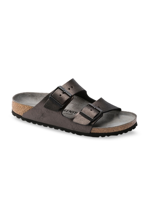 Birkenstock Unisex Gunmetal-Toned Leather Narrow Width Arizona Sandals, Metallic