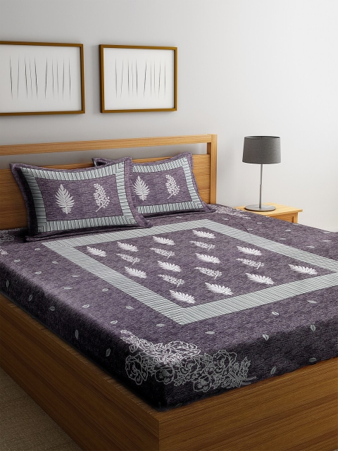 Rajasthan Decor Purple Floral 144 TC Cotton 1 Queen Bedsheet with 2 Pillow Covers