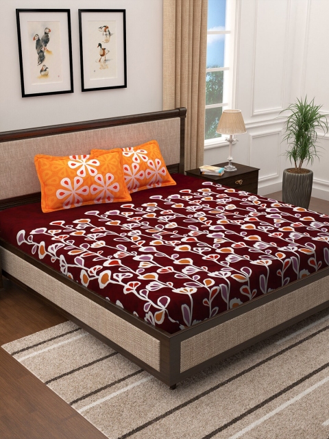 Story@home Maroon Floral 300 TC Cotton 1 King Bedsheet with 2 Pillow Covers