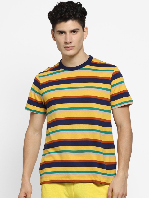 FOREVER 21 Men Yellow & Navy Blue Striped Round Neck T-shirt