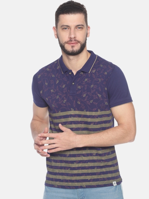 Steenbok Men Navy Blue Striped Polo Collar Pure Cotton T-shirt