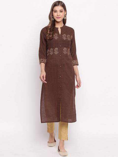 Vbuyz Women Brown Embroidered Straight Kurta