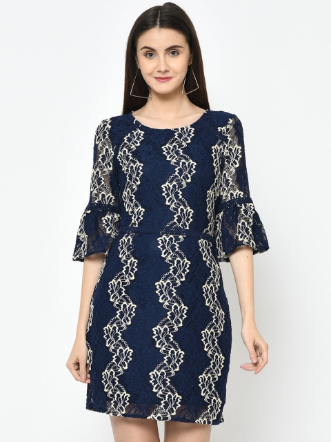 Latin Quarters Women Navy Blue & Beige Lace Sheath Dress