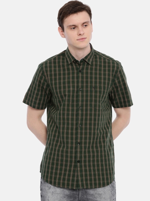 Classic Polo Men Olive Green & White Slim Fit Checked Casual Shirt