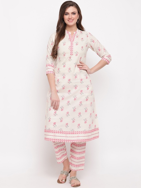 Vbuyz Women White & Pink Floral Print & Embroidered Kurta With Trousers