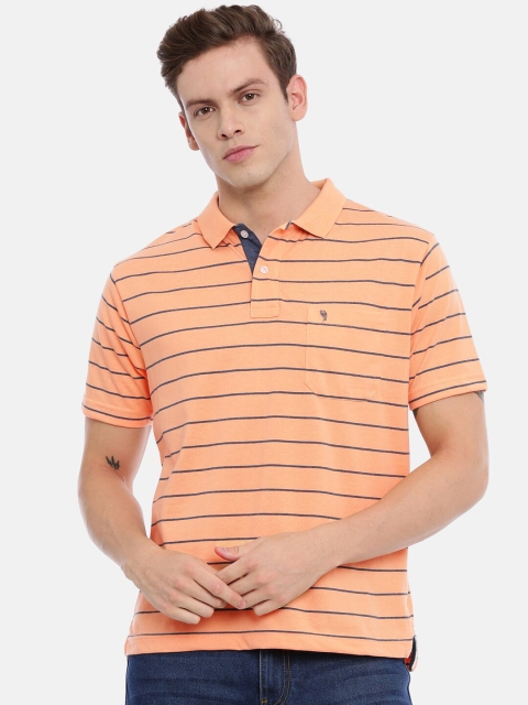 Classic Polo Men Orange & Navy Blue Striped Polo Collar T-shirt