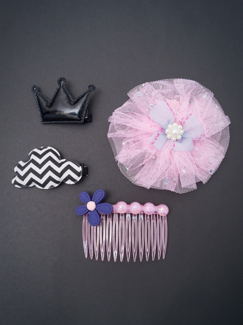 Golden Peacock Girls Pink & Black Set of 4 Lace Hair Accessory Set