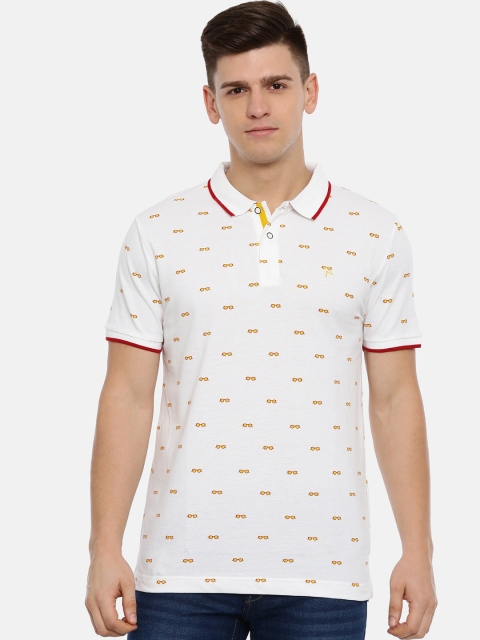 Classic Polo Men White & Yellow Printed Polo Collar Slim Fit T-shirt