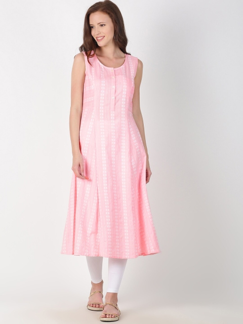 Saffron Threads Women Pink & White Woven Design A-Line Kurta