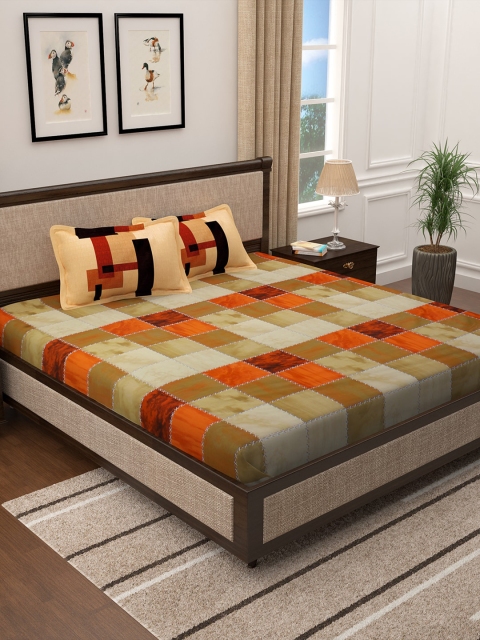 Story@home Orange & Brown Geometric 300 TC Cotton 1 King Bedsheet with 2 Pillow Covers