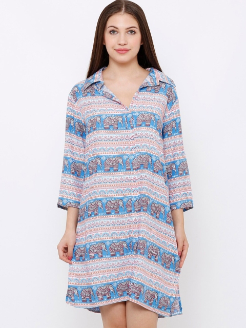 Heart 2 Heart Blue Ethic Motifs Print Sleep Shirt