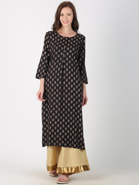 Saffron Threads Women Black & Beige Printed Straight Kurta