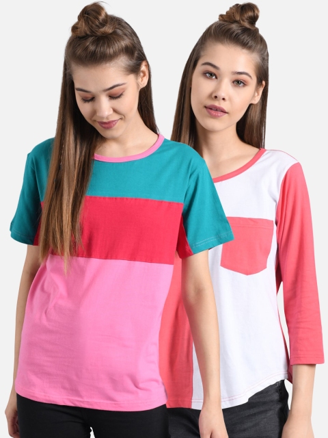 Kotty Women Multicoloured Pack Of 2 Colourblocked Round Neck T-shirt, Multi
